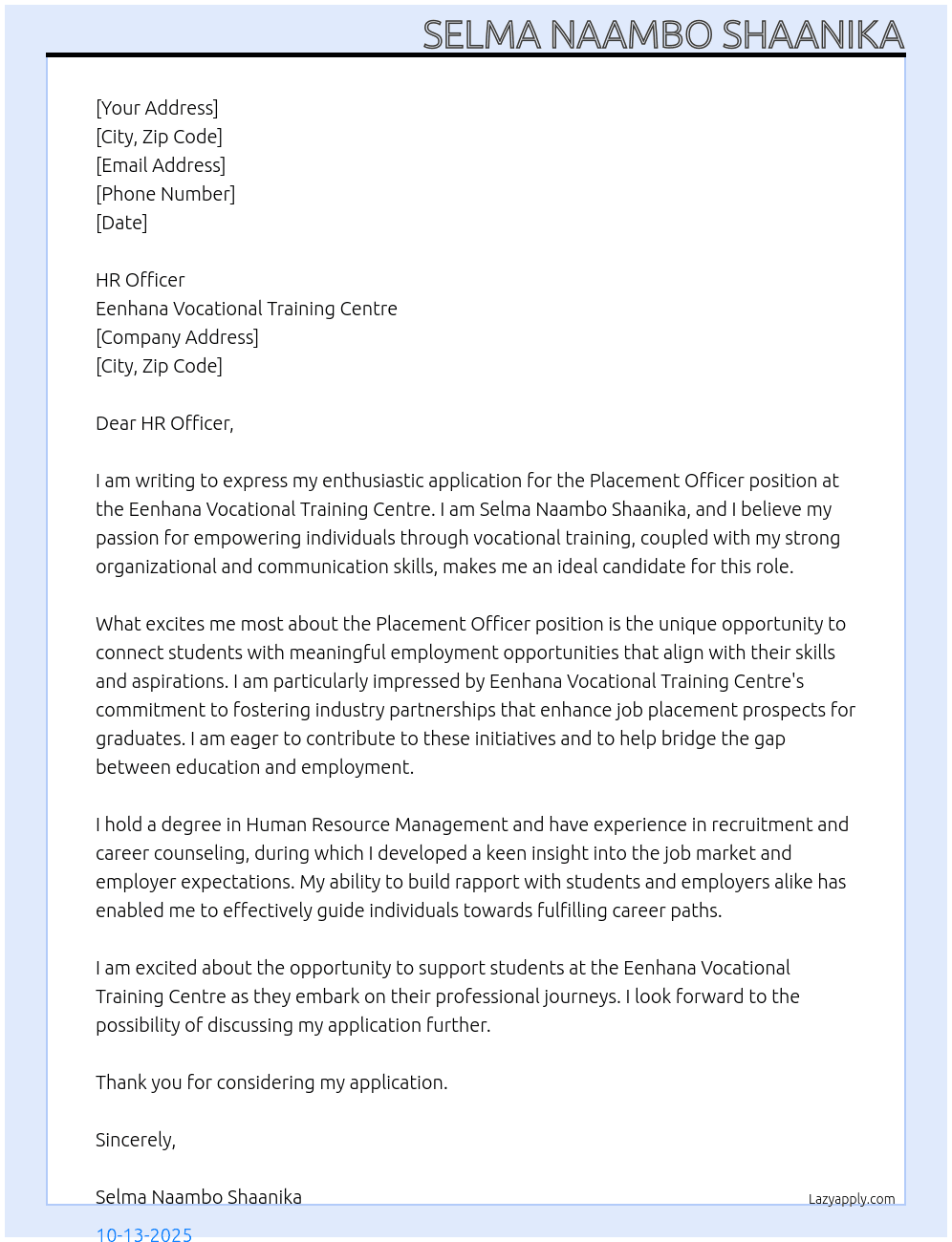 Placement Officer At Eenhana Vocational Training Centre Cover Letter