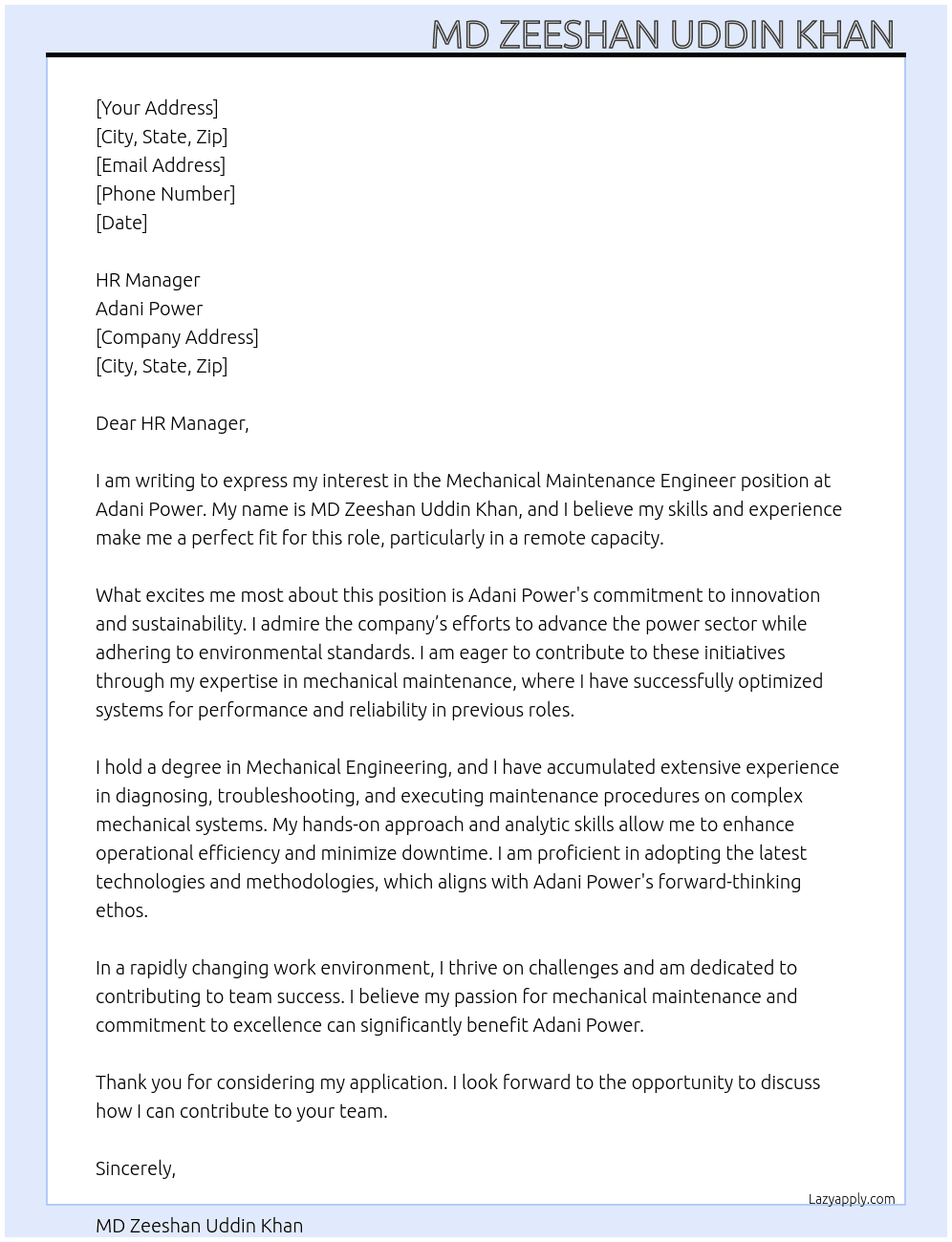 Mechanical Maintenance Engineer  At Adani power  Cover Letter