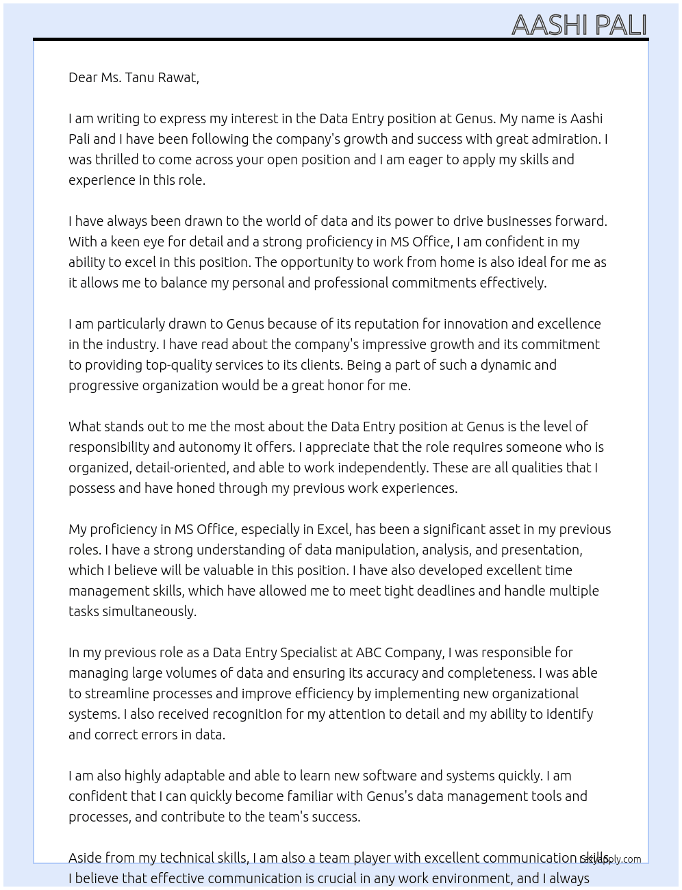 Data entry  At Genus  Cover Letter