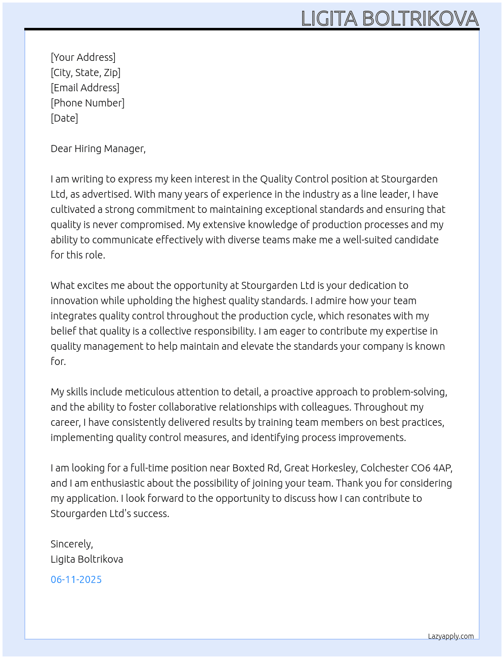 quality control At Stourgarden Ltd Cover Letter