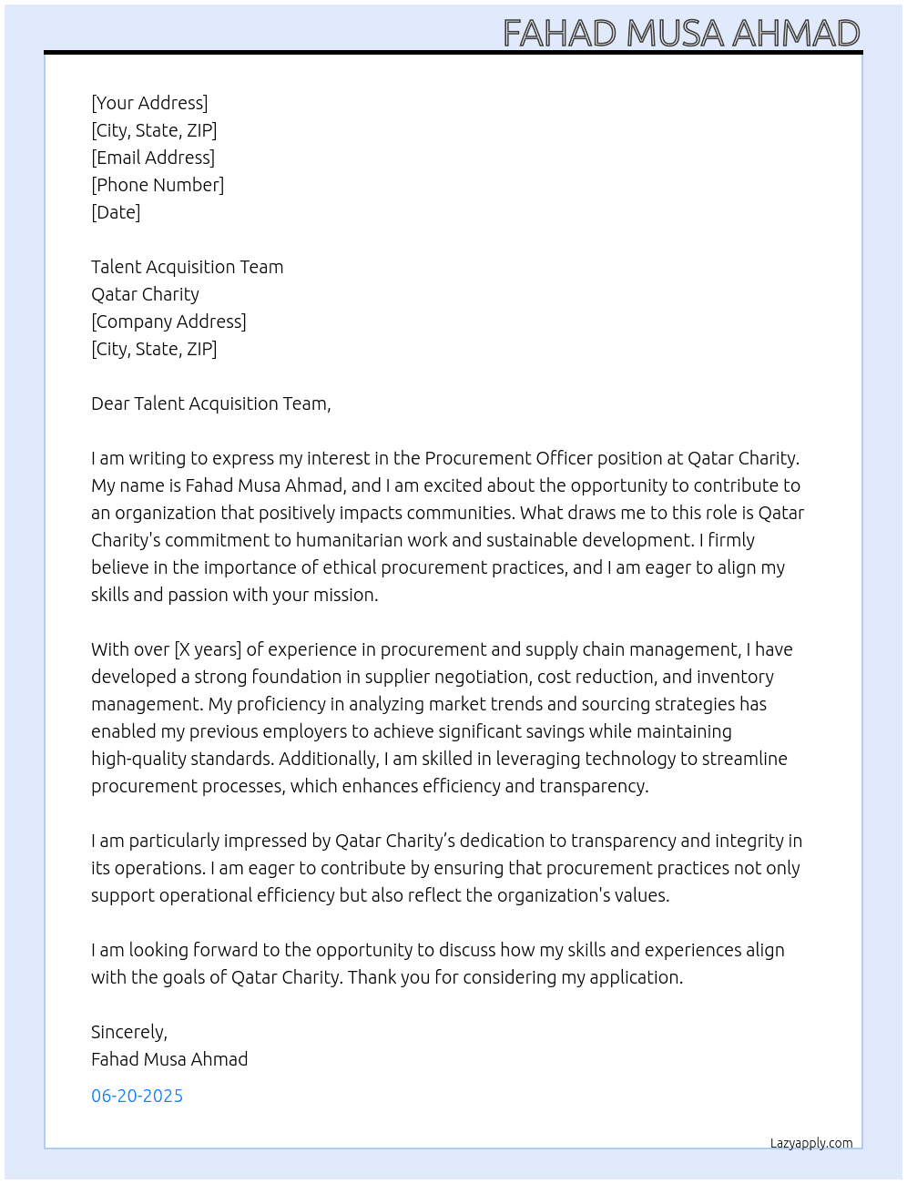 Cover letter for procrement officer - LazyApply