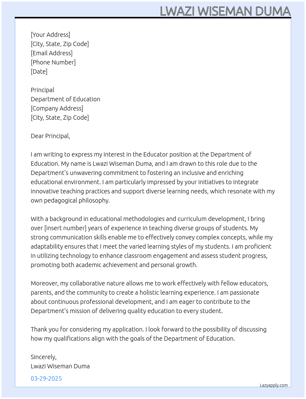 Educator  At Department of education  Cover Letter