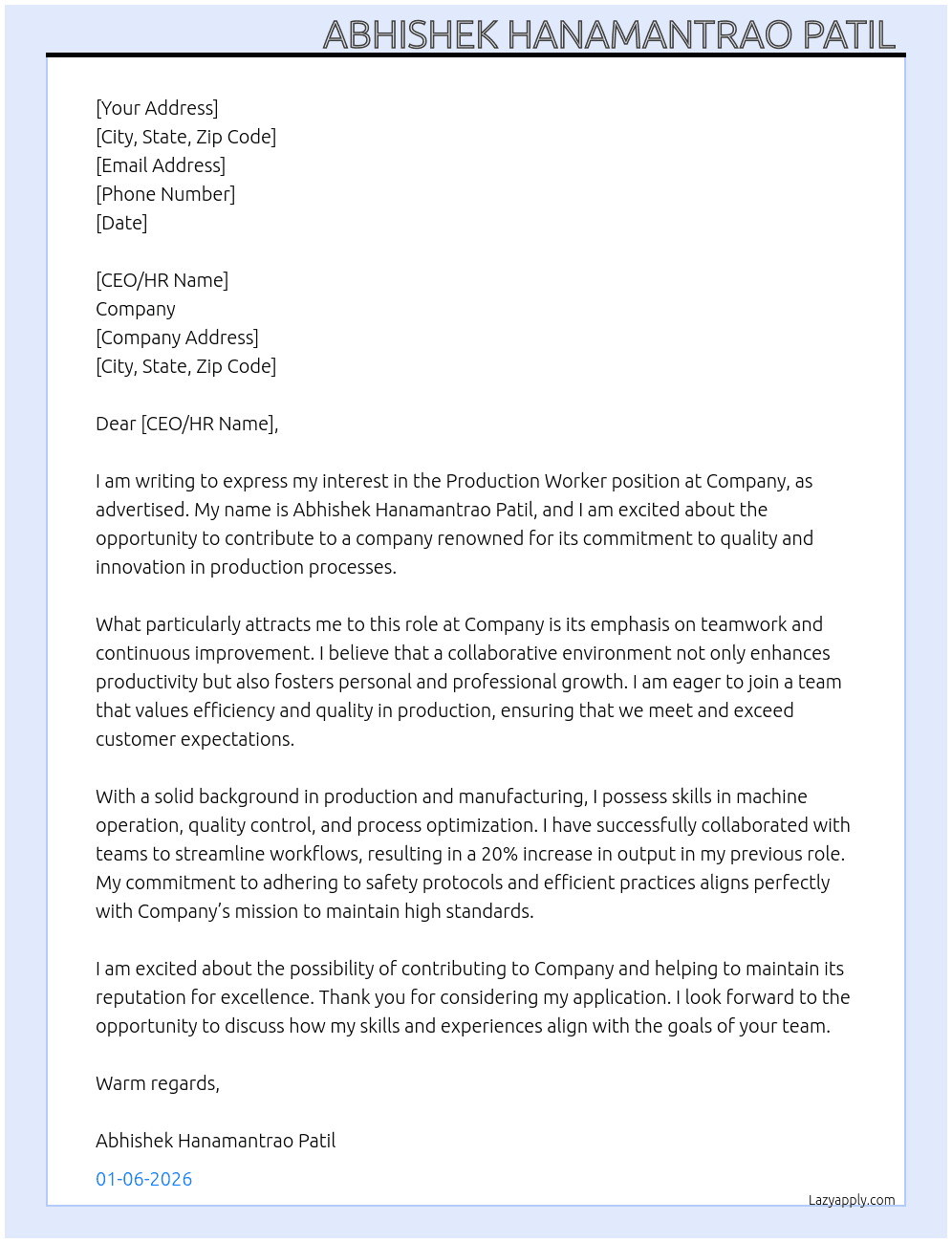 Production workar At Company  Cover Letter