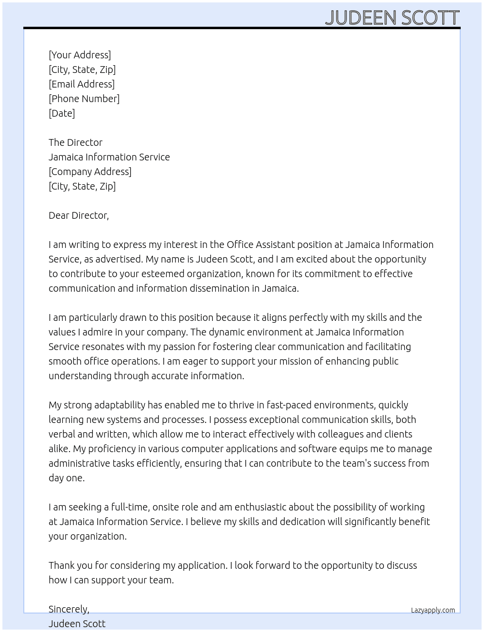 Cover letter for office assistance - LazyApply