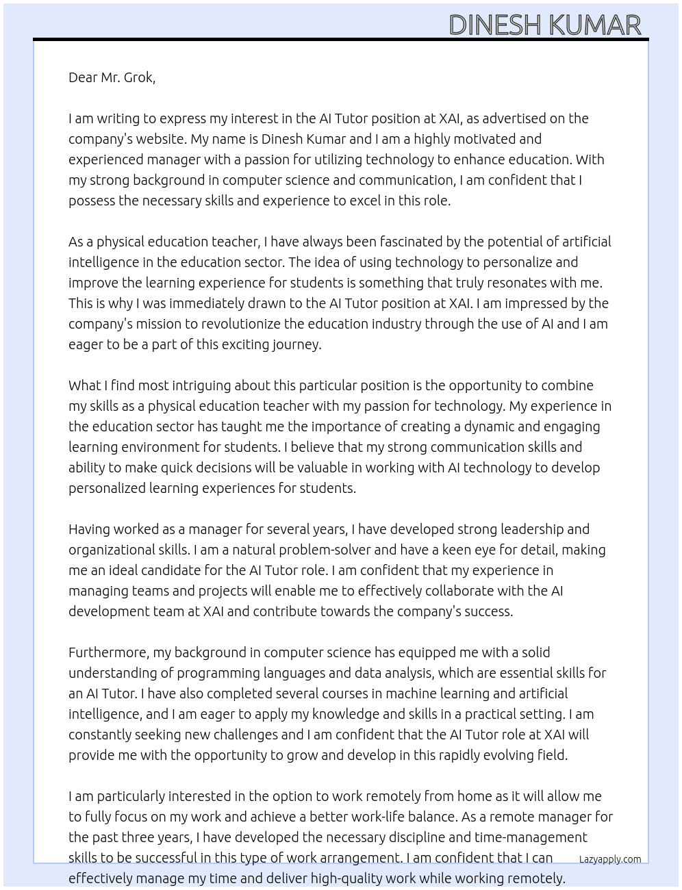AI TUTER  At XAI Cover Letter