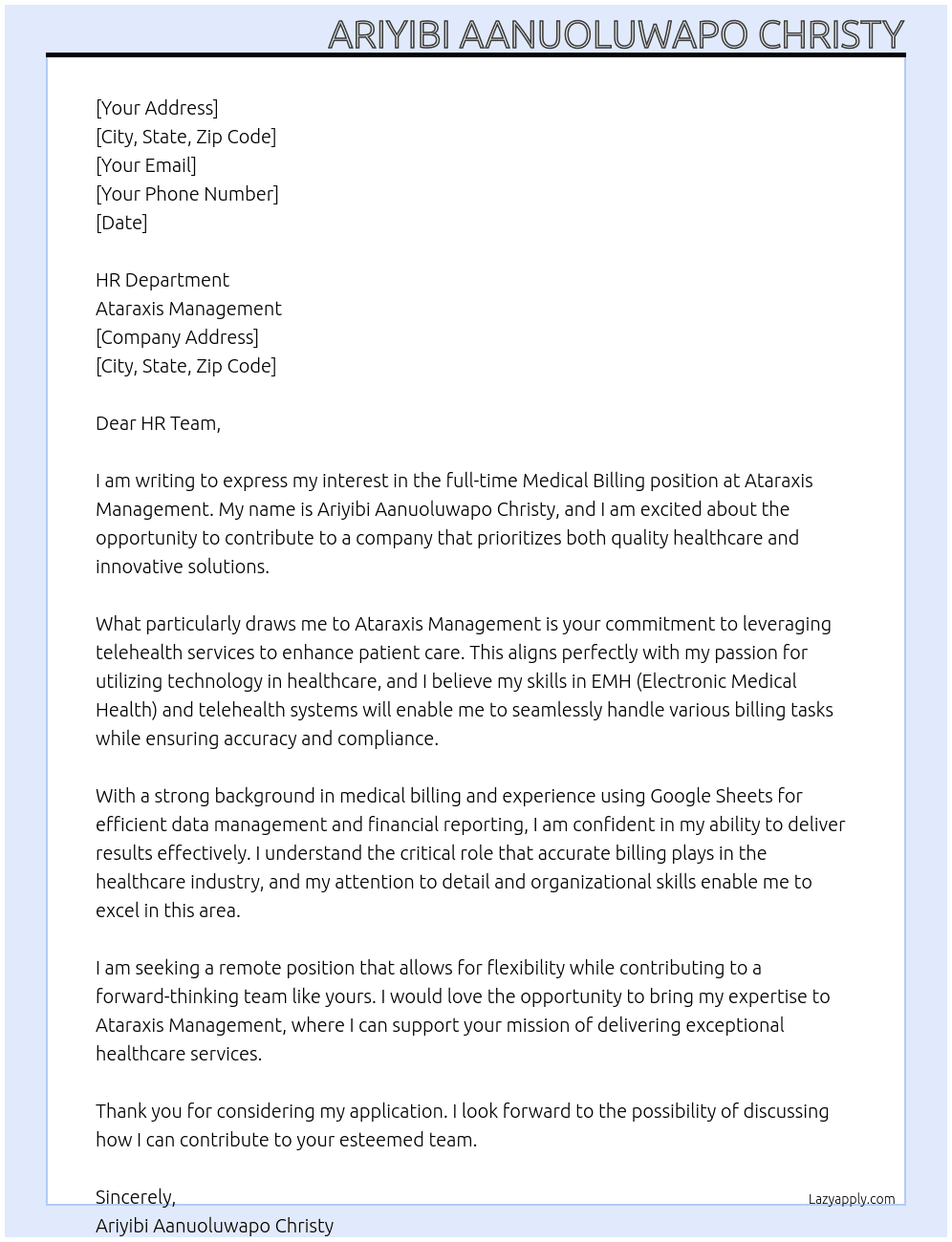 Medical billing  At Ataraxis mgmt Cover Letter