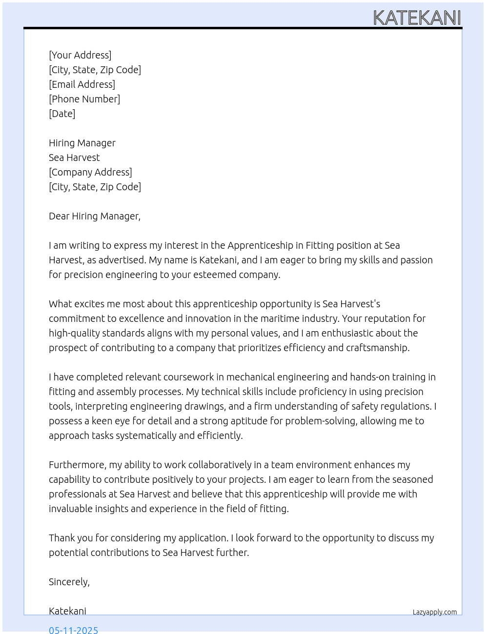 Apprenticeship in Fitting  At Sea Harvest  Cover Letter