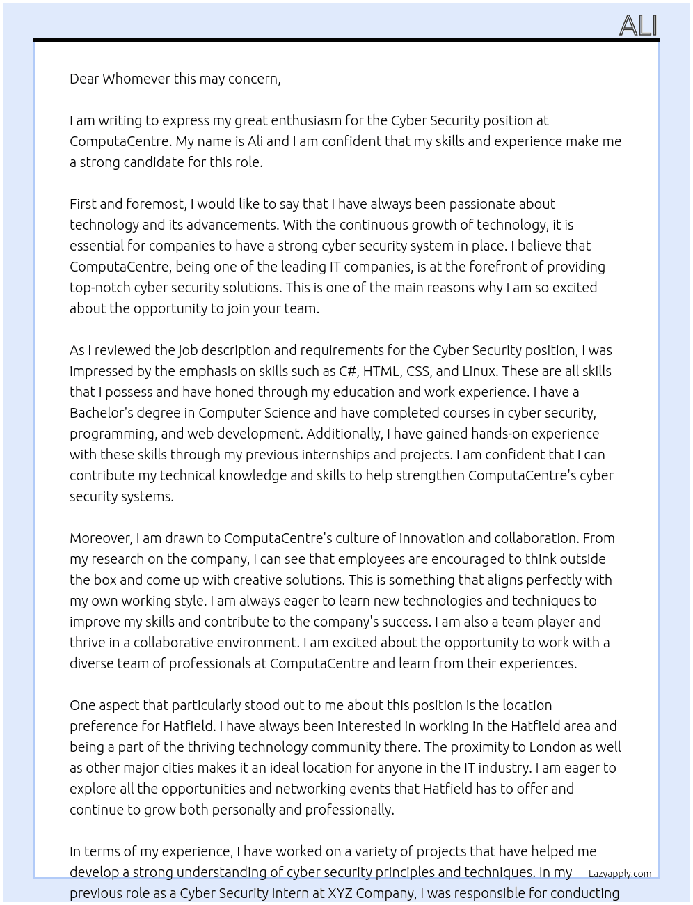 Cyber security At ComputaCentre Cover Letter