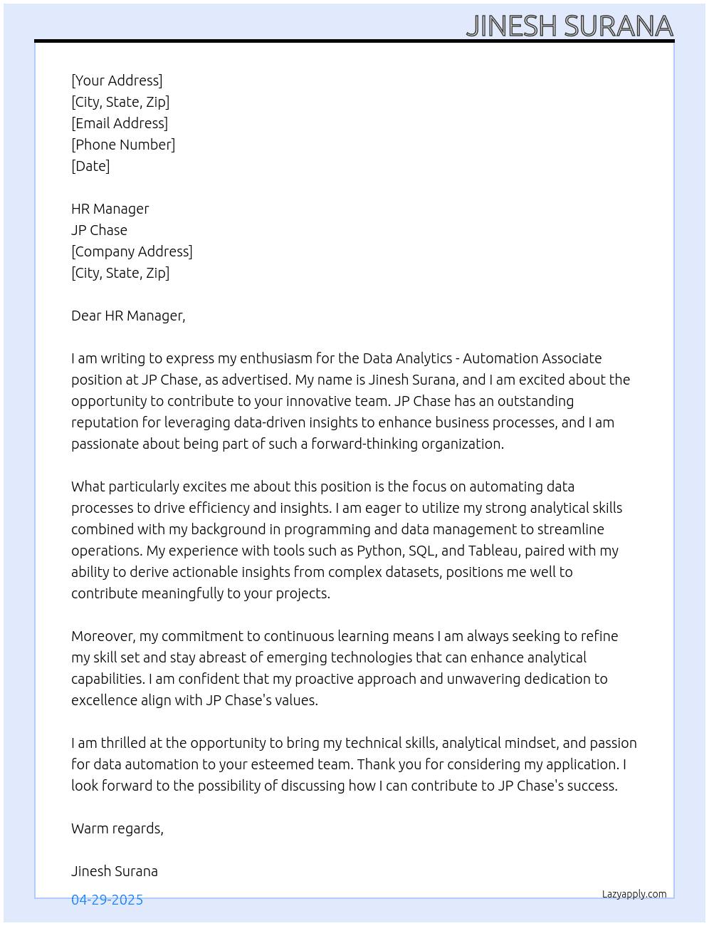 Data Analytics - Automation Associate At JP Chase Cover Letter