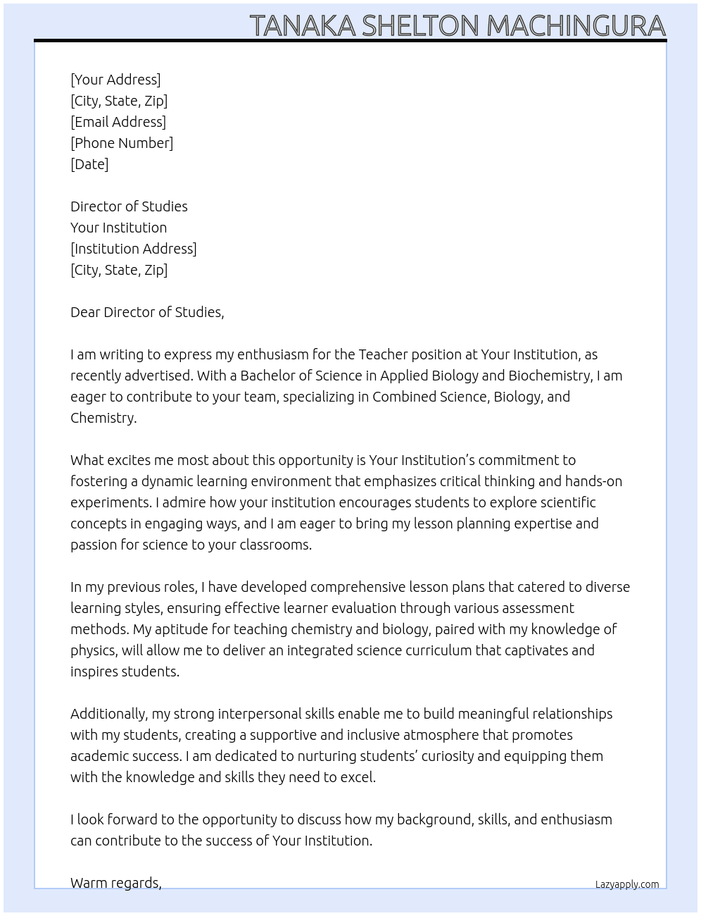 Teacher At Your institution  Cover Letter