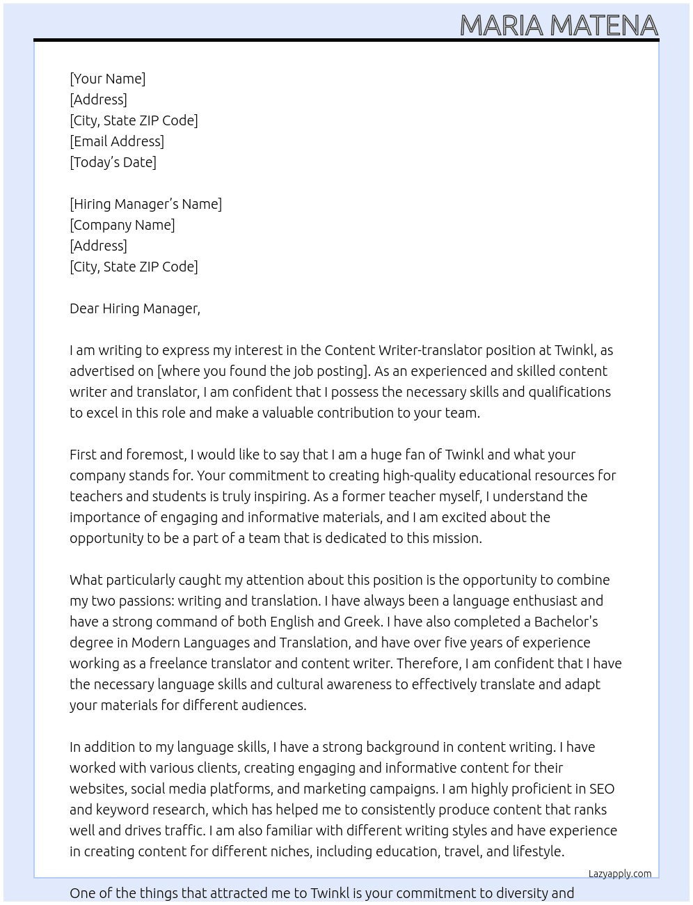 Content Writer-translator At twinkl Cover Letter
