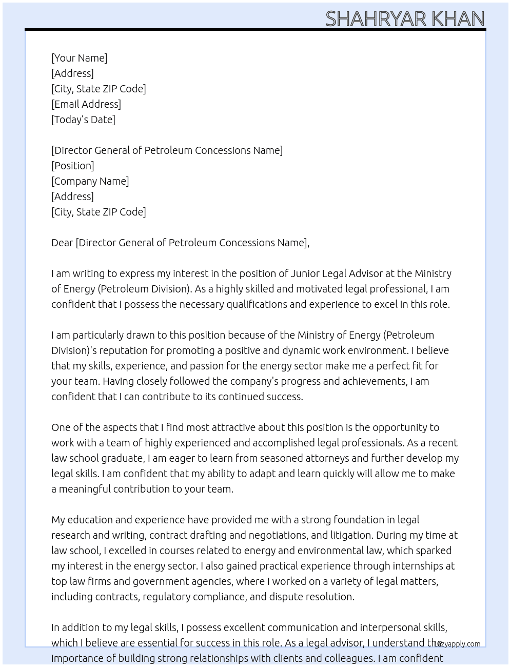 Cover letter for junior legal advisor - LazyApply
