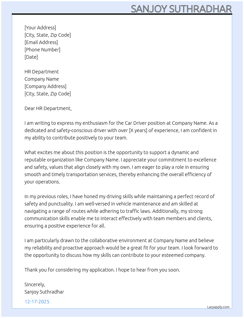 Car driver  At Company Name  Cover Letter
