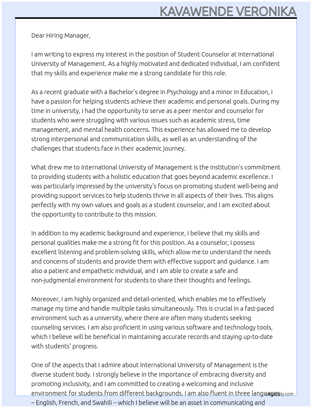 Student counselor  At International university of management  Cover Letter