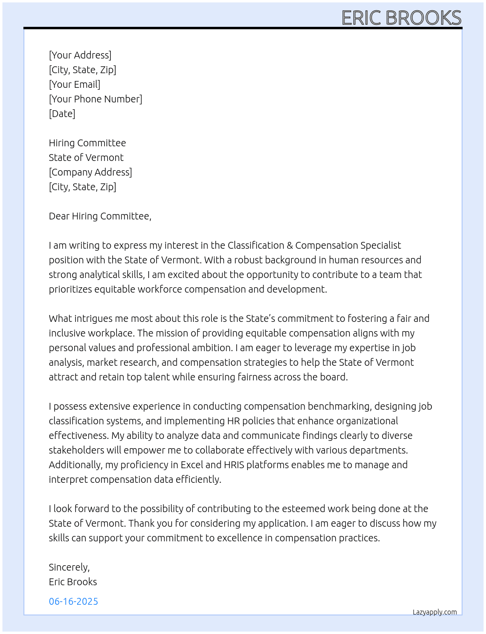  Classification & Compensation Specialist  At State of Vermont Cover Letter