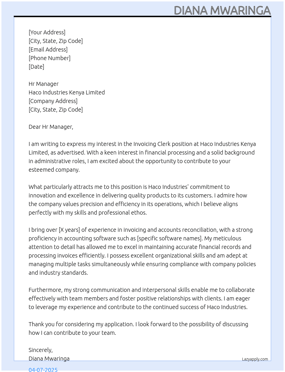 Invoicing Clerk At Haco Industries Kenya Limited Cover Letter