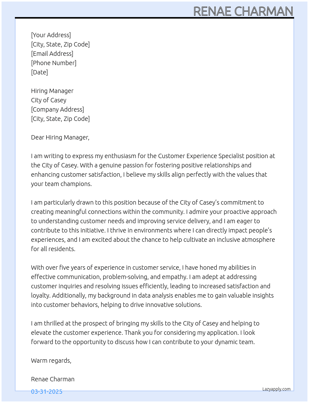 Customer Experience Specialist At City of Casey Cover Letter