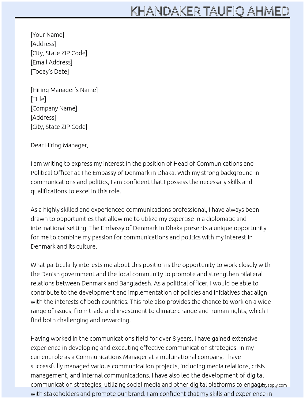  Head of Communications and Political Officer  At The Embassy of Denmark in Dhaka Cover Letter