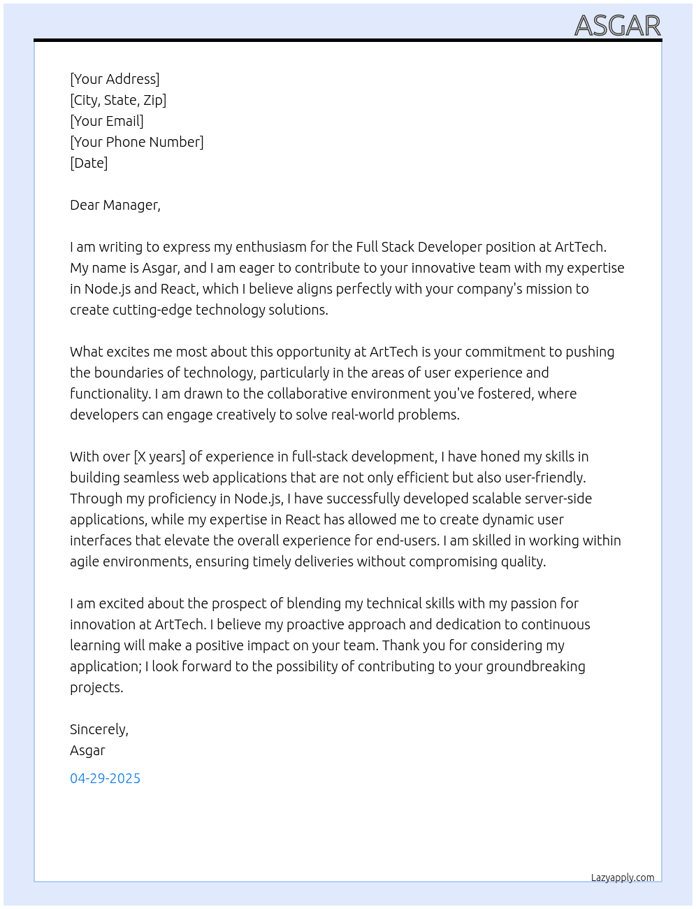 full stack developer At arttech Cover Letter
