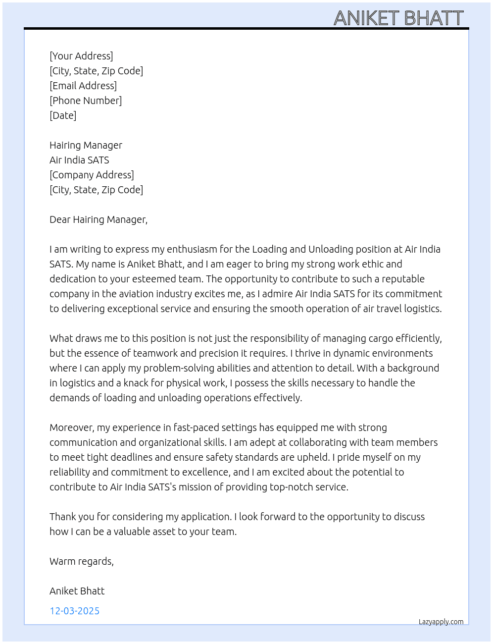 Cover letter for loading unloading - LazyApply