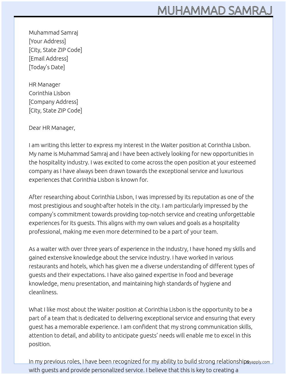 Waiter At Corinthia Lisbon Cover Letter
