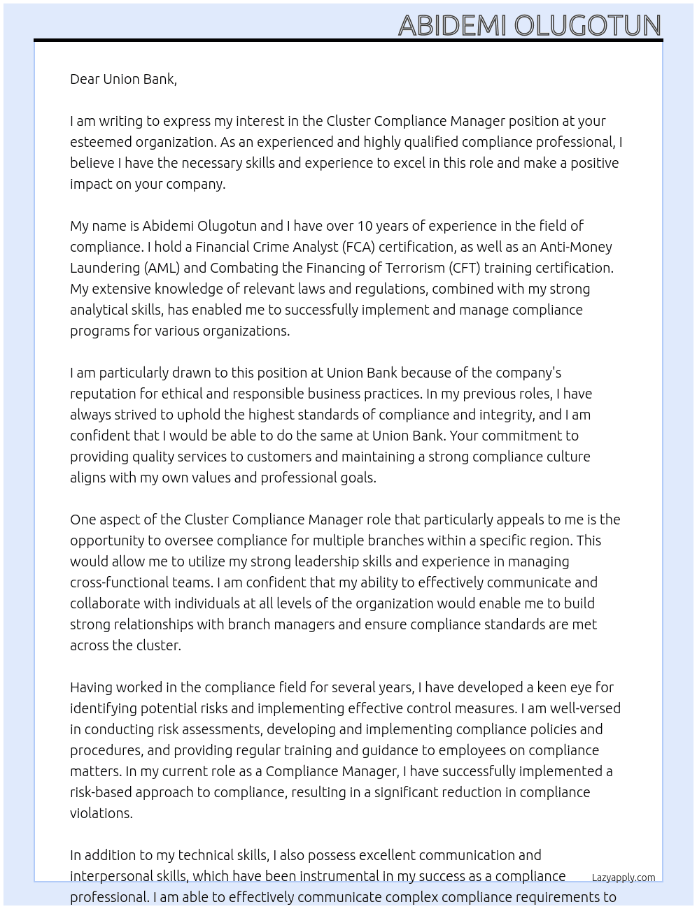cluster compliance manager At ABIDEMI OLUGOTUN Cover Letter