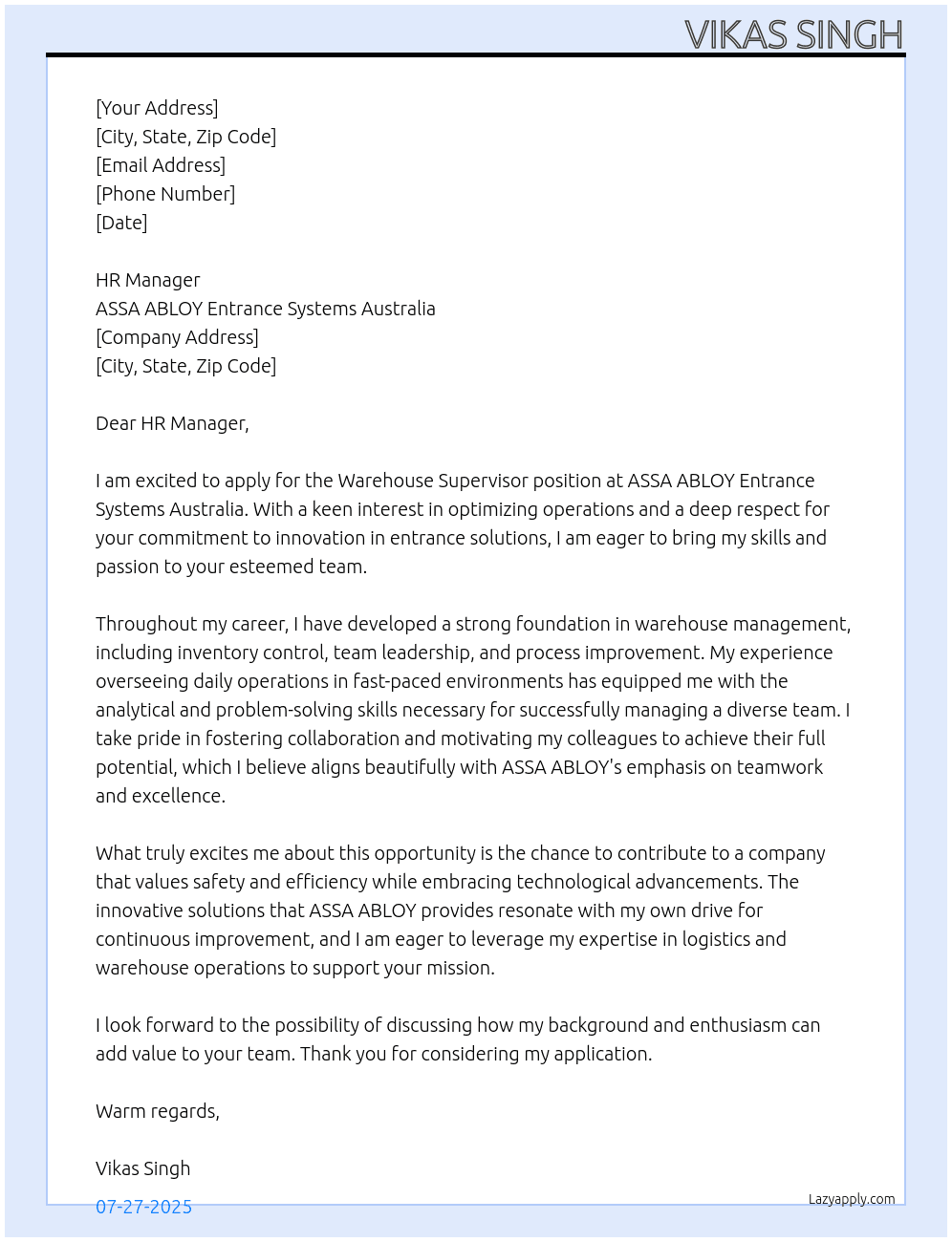 Warehouse Supervisor  At ASSA ABLOY Entrance Systems Australia  Cover Letter