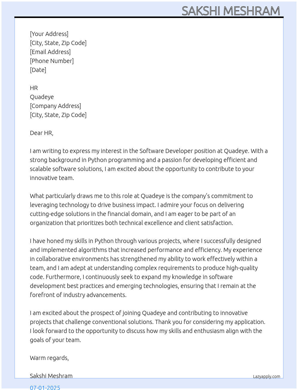 Software developer  At Quadeye Cover Letter