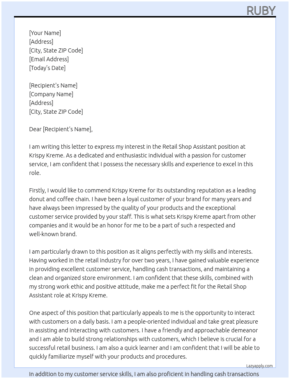 retail shop assistant  At krispy kreme Cover Letter