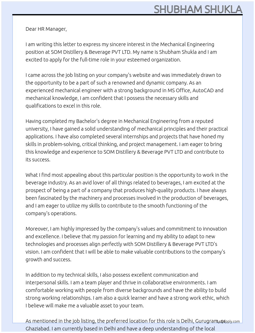 Mechanical Engineering At SOM Distillery & Beverage PVT LTD Cover Letter