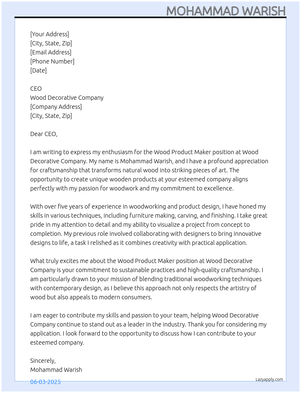 Wood Product maker At wood decorative company Cover Letter