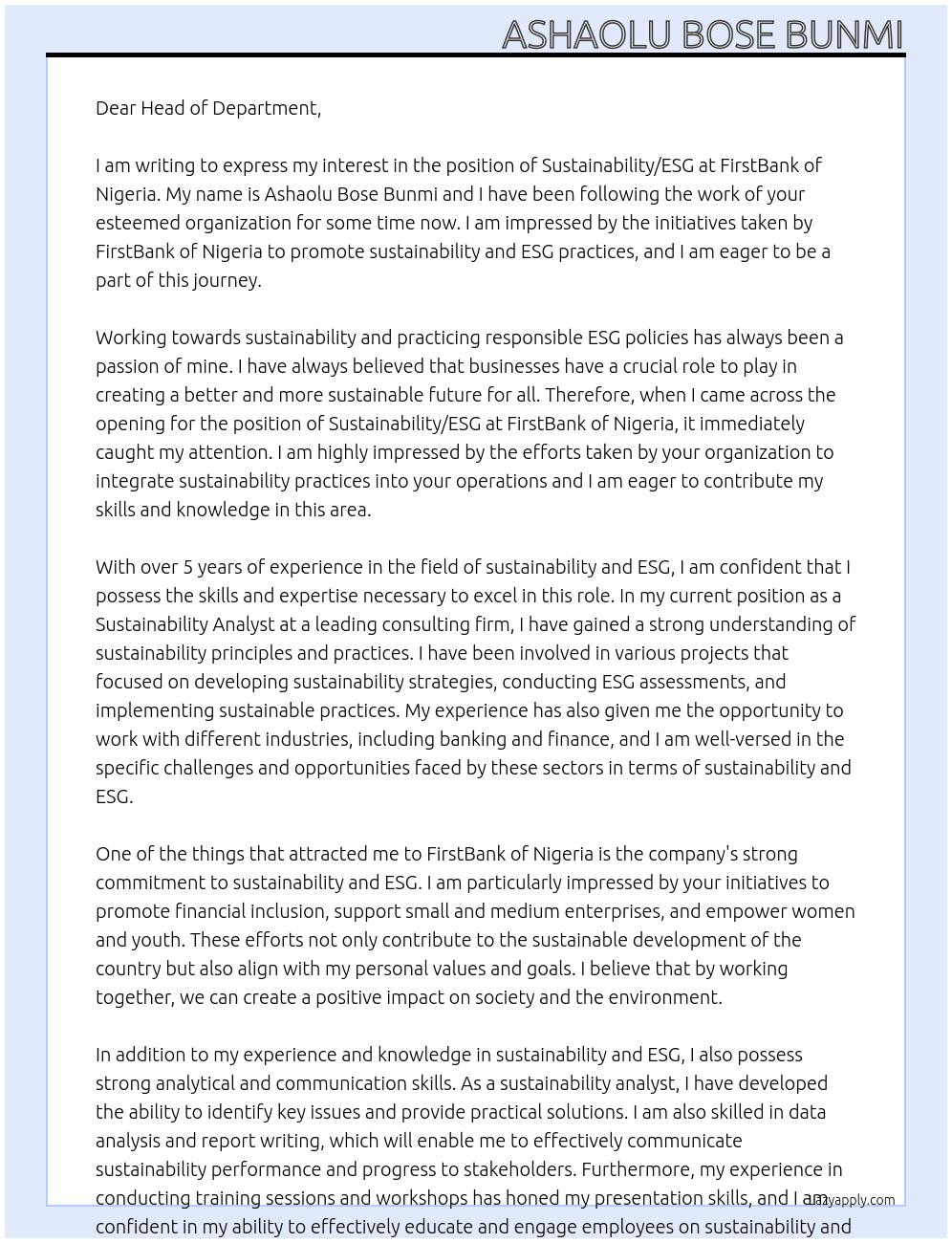 substainability/ESG At fIRSTBANK OF nIGERIA Cover Letter
