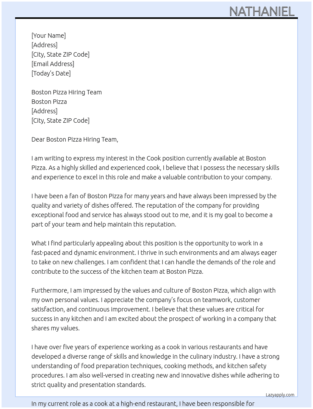 Cook At Boston Pizza Cover Letter