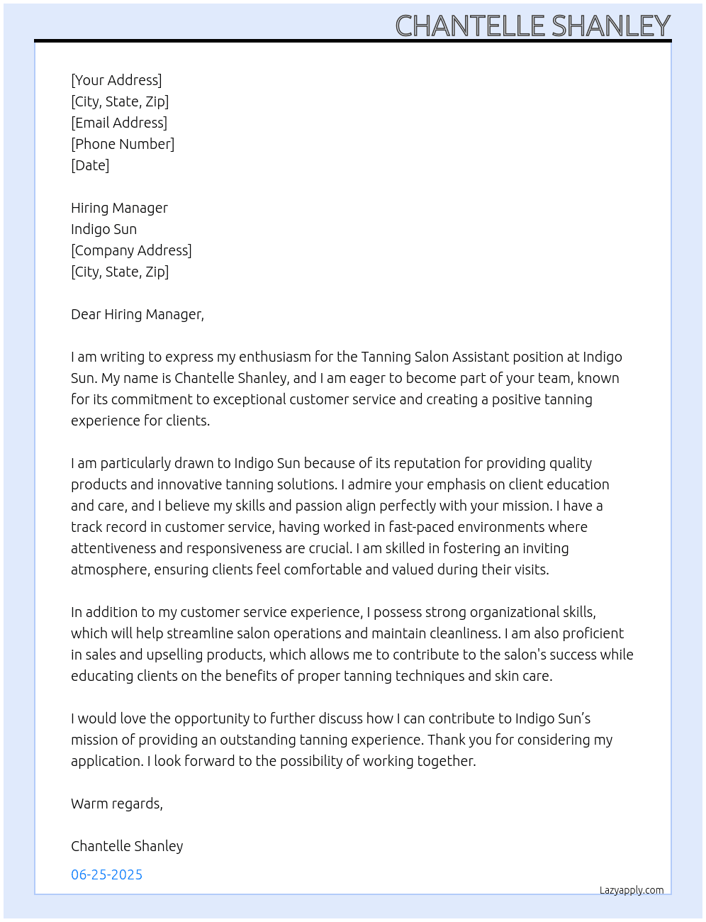 Tanning Salon Assistant At Indigo Sun Cover Letter