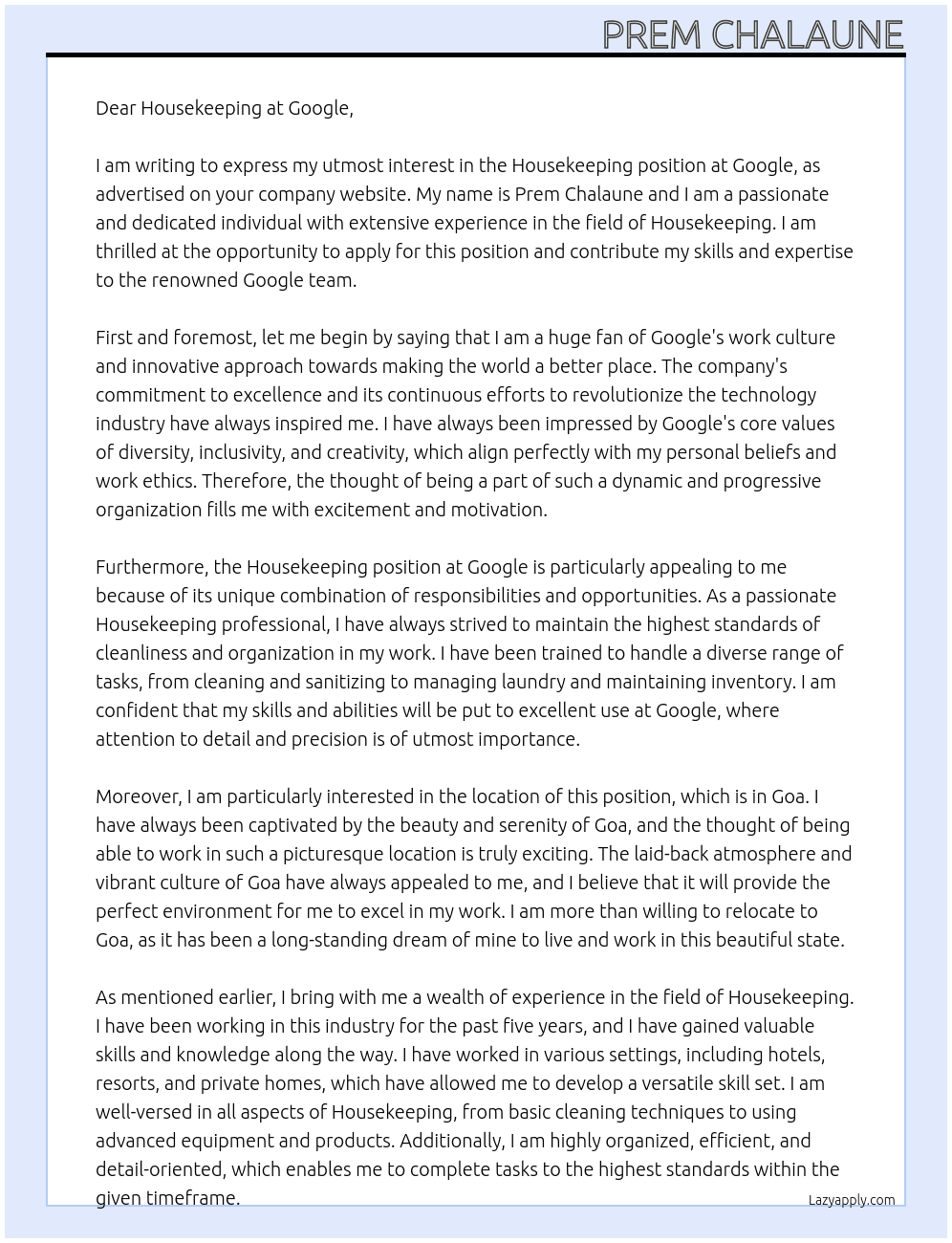 Housekeeping  At Google  Cover Letter