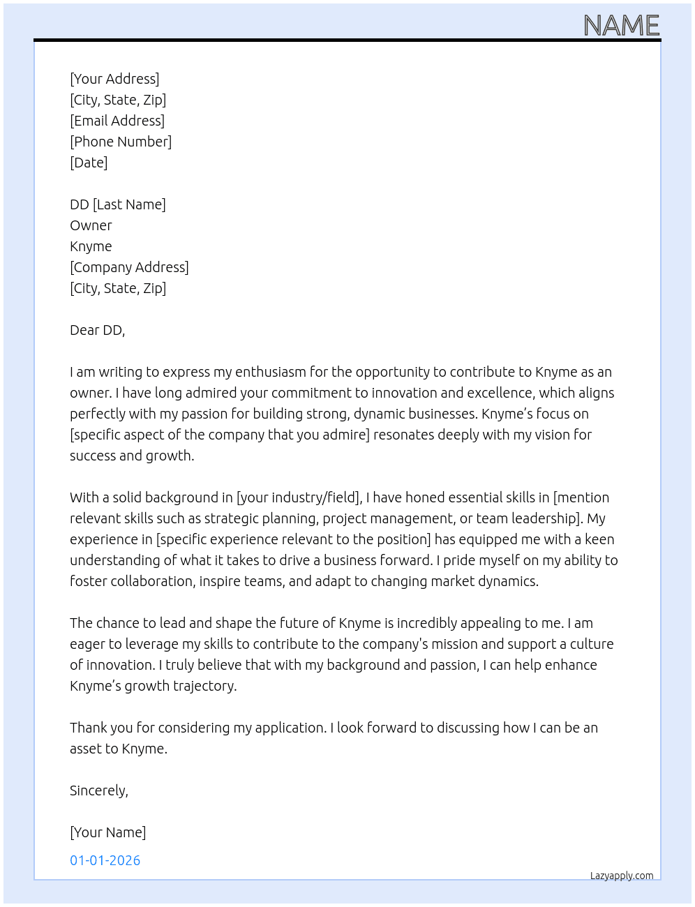 owner At knyme Cover Letter