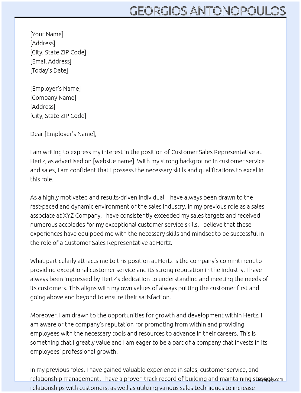 Customer Sales Representative At Hertz  Cover Letter