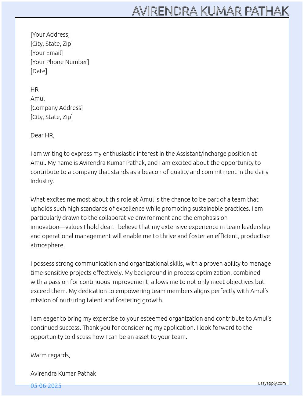 Assistan/Incharge At Amul Cover Letter