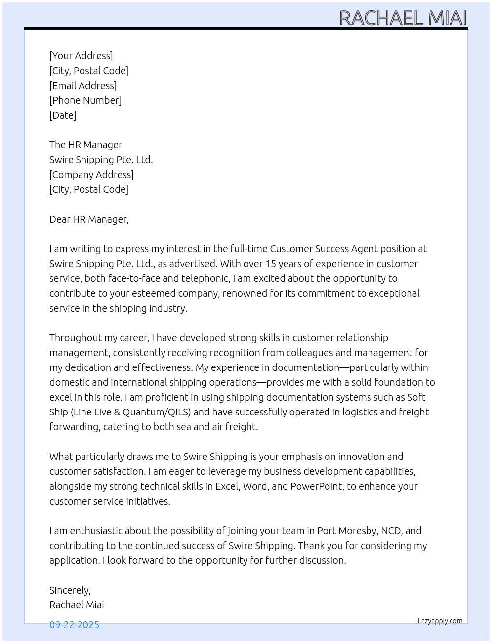 Customer Success, Agent At Swire Shipping Pte. Ltd. Cover Letter
