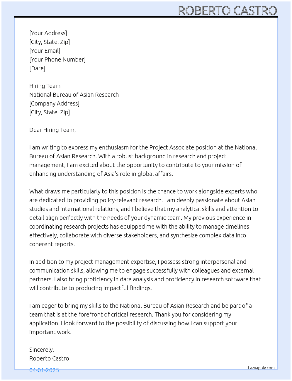 Project Associate At National Bureau of Asian Research Cover Letter