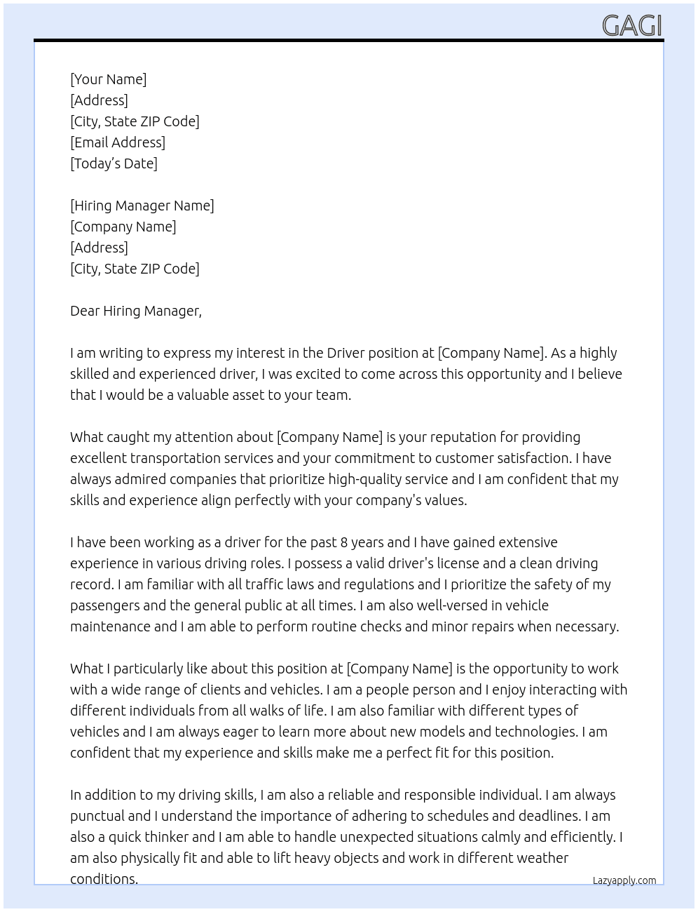 Driver At Driving Cover Letter