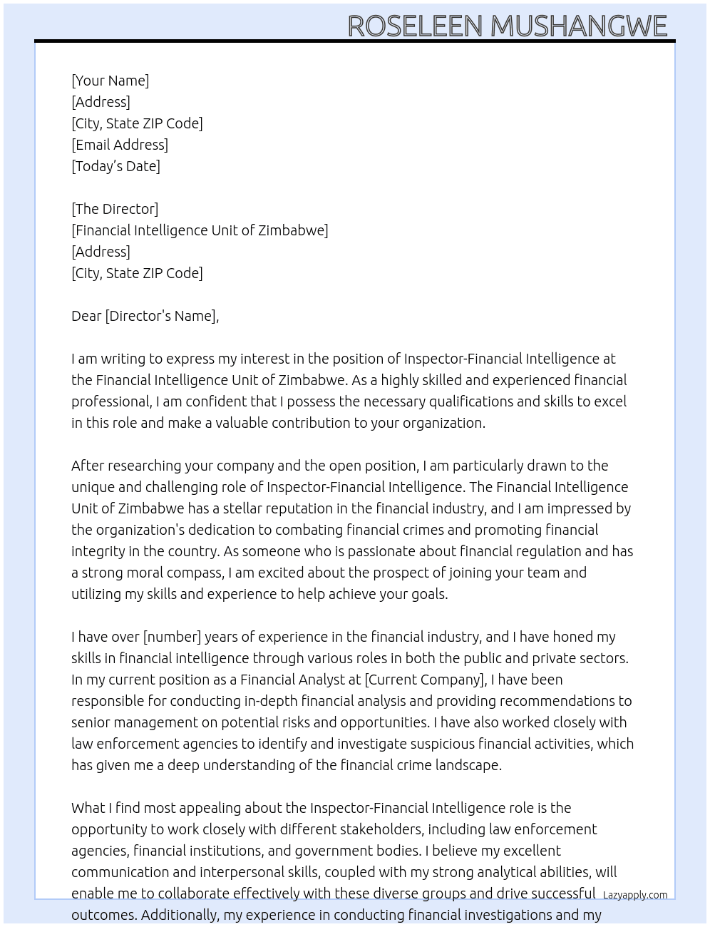 Inspector-Financial Intelligence  At Financial Intelligence Unit of Zimbabwe  Cover Letter