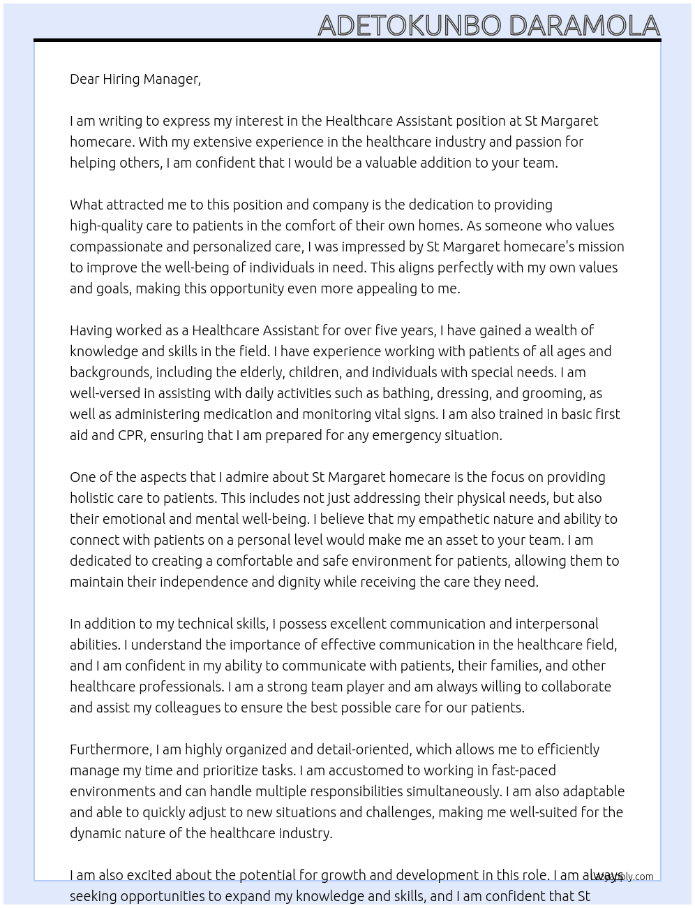 Healthcare Assistant At St Margaret homecare Cover Letter