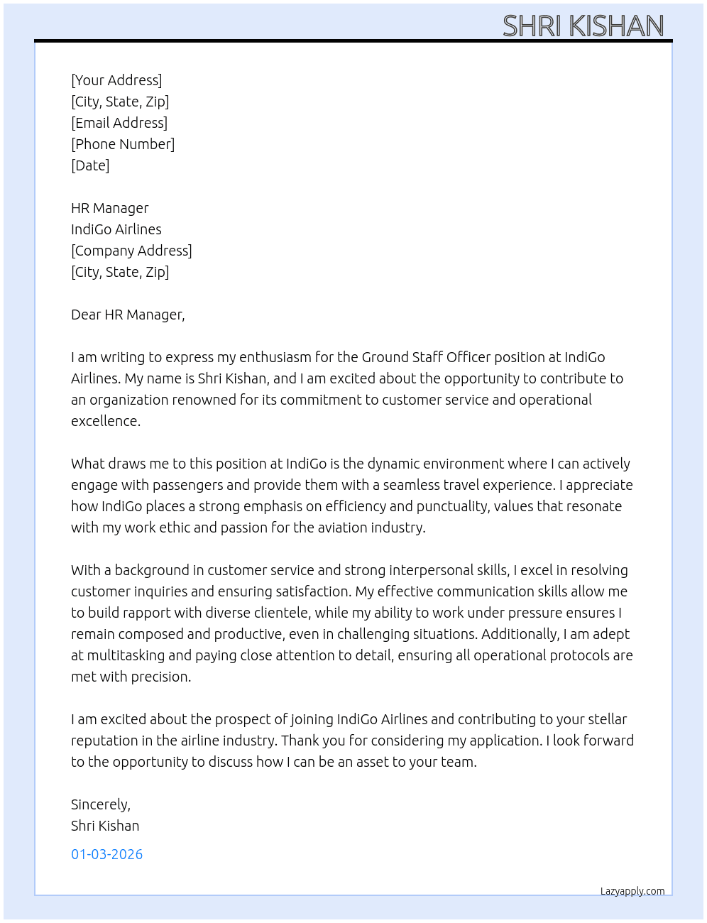 Ground staff officer  At Indigo airline  Cover Letter