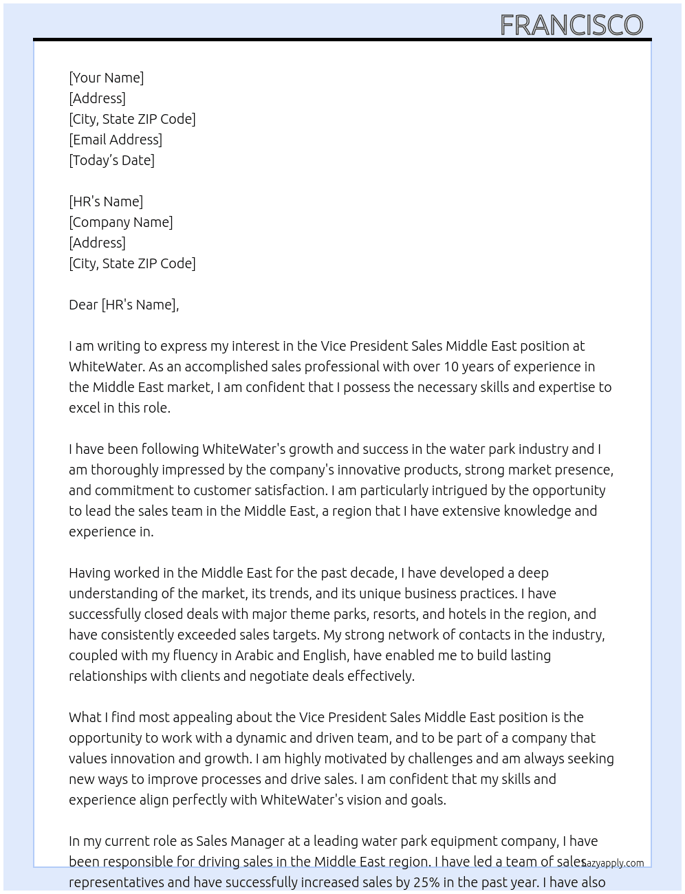 Vice President Sales Middle East At WhiteWater Cover Letter