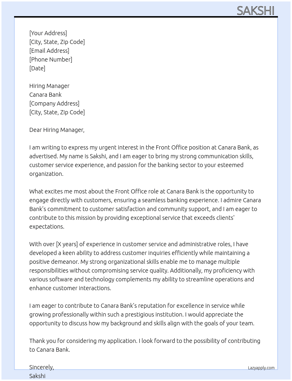 Cover letter for front office - LazyApply