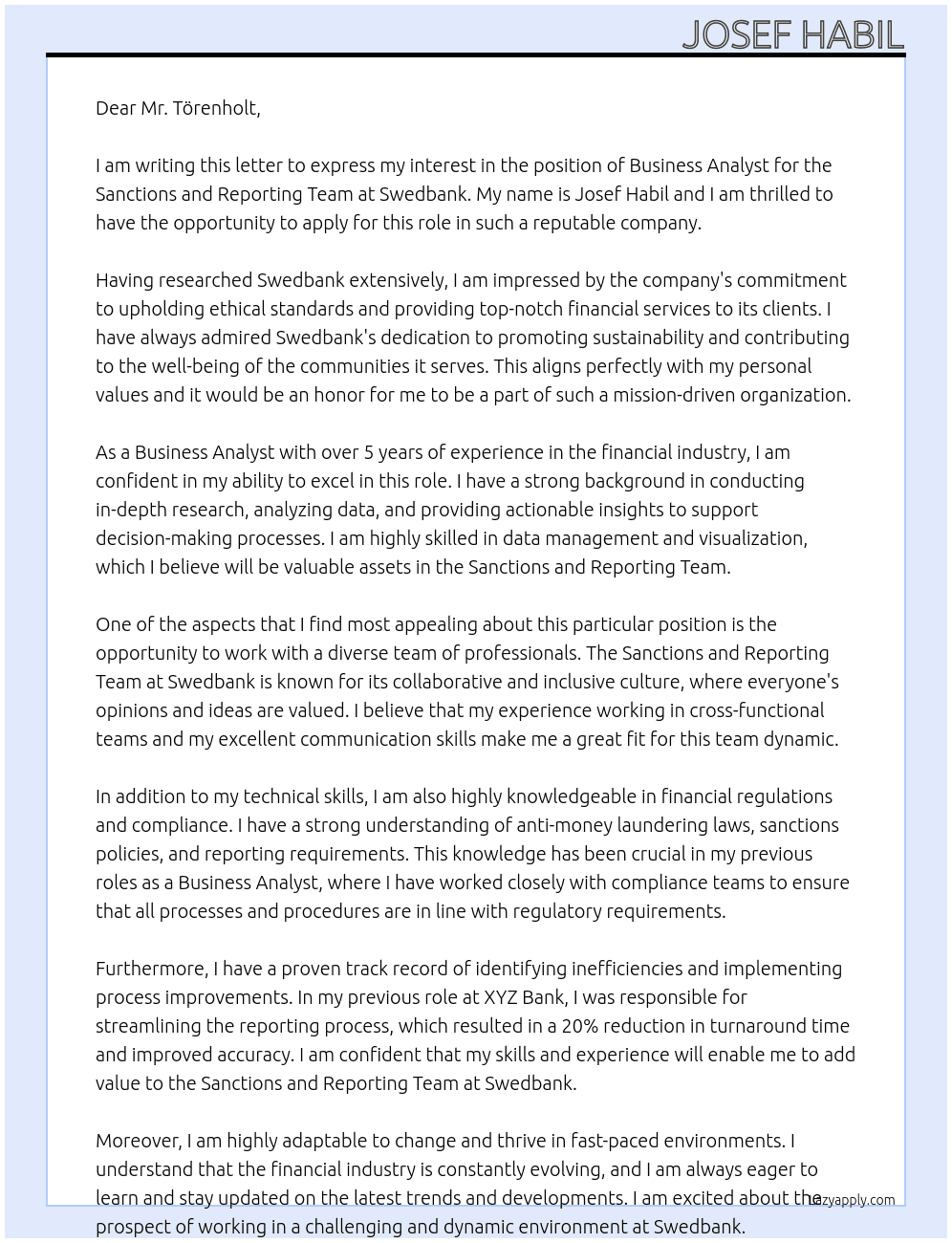Business Analyst to Sanctions and Reporting Team At Swedbank Cover Letter