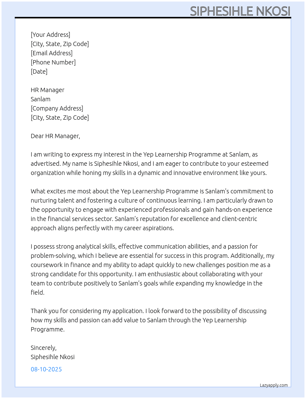 Yep learnership programme At Sanlam Cover Letter