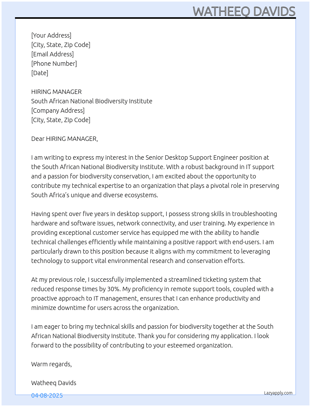 Cover letter for senior desktop support engineer - LazyApply