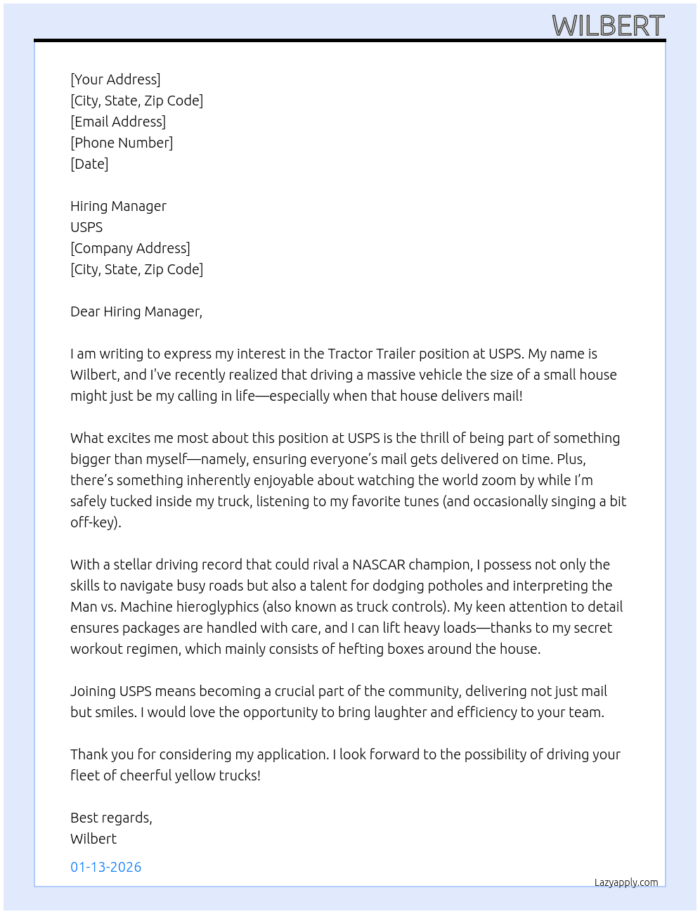 Tractor trailer At USPS Cover Letter